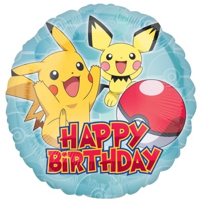 Balão azul com Pikachu, Pichu, Pokébola e texto Happy Birthday
