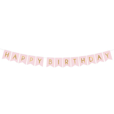 Bandeirola decorativa rosa com letras douradas HAPPY BIRTHDAY