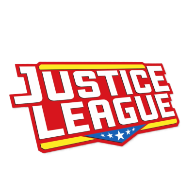 Logótipo da JUSTICE LEAGUE com letras brancas em relevo sobre fundo amarelo, vermelho e azul