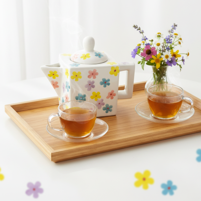 Tabuleiro de madeira com bule de chá decorado com flores e duas chávenas de chá