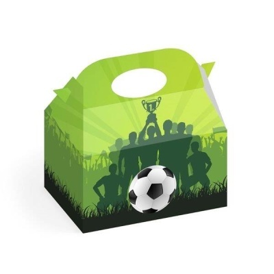 Caixa verde e preta com tema de futebol e bola impresa na frente