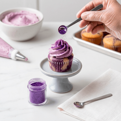Cupcake com cobertura roxa sendo decorado com pó roxo em colher de metal