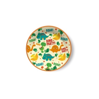 Prato de plástico redondo com padrão de dinossauros coloridos e texto festivo