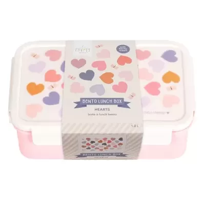 Caixa de almoço bento rosa com tampa decorada com corações coloridos e embalagem com texto