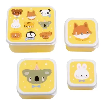 Conjunto de caixas com tampas decoradas com animais cartoon em fundo amarelo