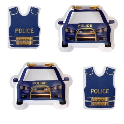 Balões em formato de colete de polícia e carro de polícia azuis com detalhes amarelos