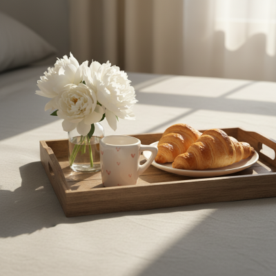 Tabuleiro de madeira com vaso de flores brancas, chávena com corações e croissants sobre cama beige