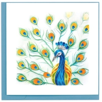 Cartão com ilustração colorida de pavão e envelope azul