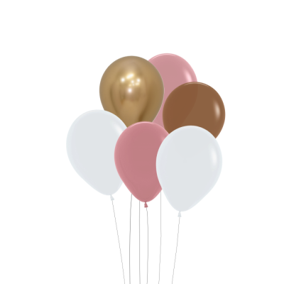 Seis balões coloridos em tons metálico dourado, branco, rosa e castanho com cordões