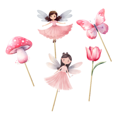 Toppers decorativos de festa em palitos com fadas, cogumelo, borboleta e flor cor-de-rosa