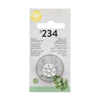 Ponta multiabertura Wilton #234 em metal em embalagem branca com texto e imagens de decoração verde