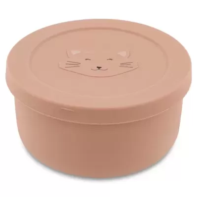 Recipiente redondo cor de rosa com tampa e cara de gato em relevo