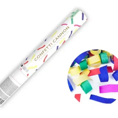 Tubo branco CONFETTI CANNON com confetis coloridos retangulares