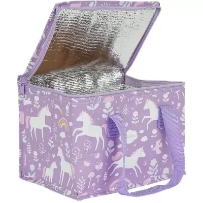 Bolsa térmica lilás com padrão de unicórnios e interior prateado
