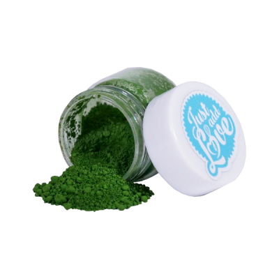 Pote de vidro com tampa branca escrito Just da Love e pó verde