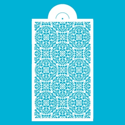 Produto rectangular branco com padrão azul floral intrincado