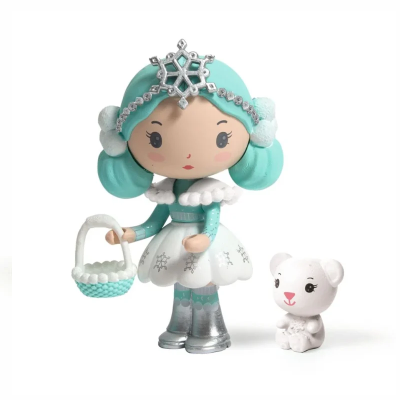 Boneca com vestido de flocos de neve a segurar cesta e urso branco pequeno