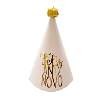 Chapéu de festa branco com pompom amarelo e texto dourado 'Feliz Ano Novo'