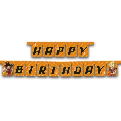 Faixa decorativa 'HAPPY BIRTHDAY' com personagens Dragon Ball em fundo laranja