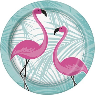Prato de papel com desenho de flamingos cor-de-rosa e folhas azul claro