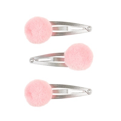 Três presilhas metálicas prateadas com pompons rosa