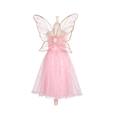 Vestido de fada cor-de-rosa com asas douradas e brilhos