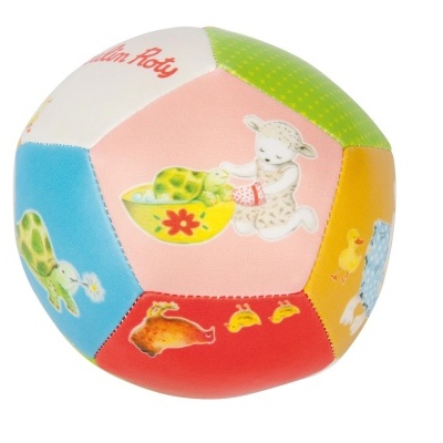 Bola infantil colorida com várias ilustrações de animais e texto Moulin Roty.