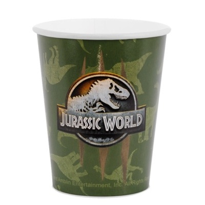 Copo de papel Jurassic World verde com logotipo e dinossauros