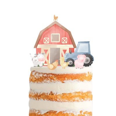Bolo com decoração de festa à volta da quinta com figuras de fazenda no topo