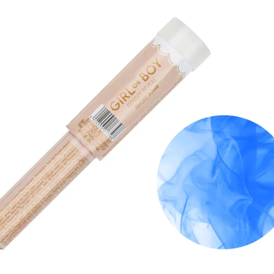Tubo rosa claro com tampa branca e texto dourado GIRL OR BOY e fumaça azul circular ao lado