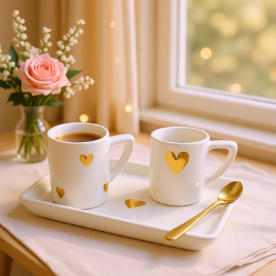 Duas chávenas de café brancas com corações dourados num prato branco com colher dourada ao lado de um vaso com rosa cor-de-rosa