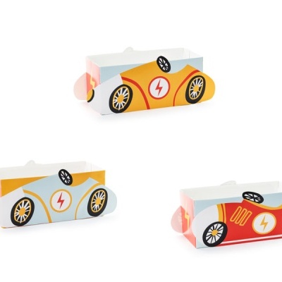 Três mini carrinhos de brinquedo de papelão dobrável coloridos