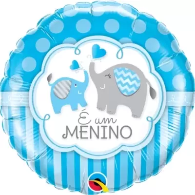 Balão azul redondo com elefantes e texto 'É um MENINO'