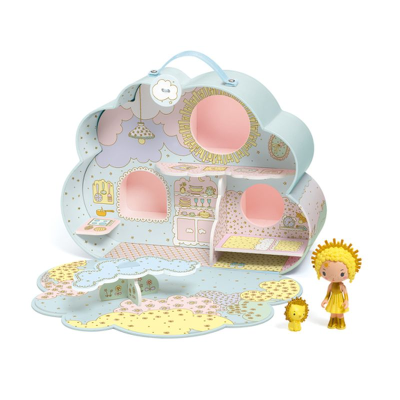 Brinquedo casinha em forma de nuvem azul claro com figuras de bonecos amarelos.