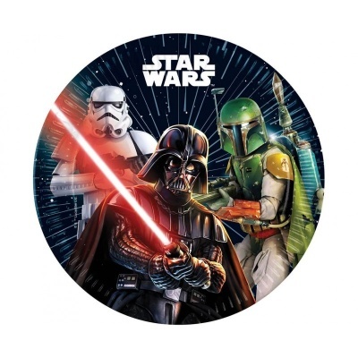 Imagem circular de Star Wars com Darth Vader, Stormtrooper e Boba Fett