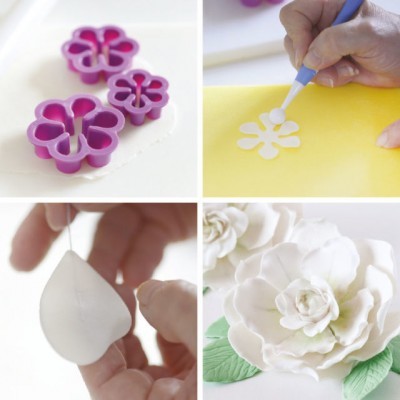Cortadores de flores em plástico, montagem de flor em papel amarelo e flores brancas feitas à mão