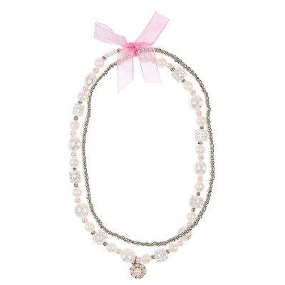 Colar feminino com pérolas, cristais e laço rosa