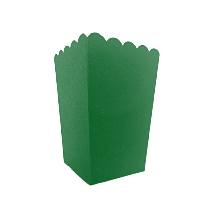 Caixa verde para pipocas ou snacks com borda recortada em curva