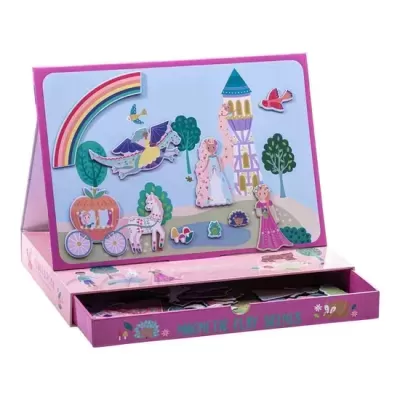 Jogo de cena magnética com peças de princesa e castelo num fundo azul