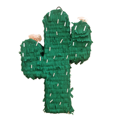 Piñata verde em forma de cacto com detalhes brancos