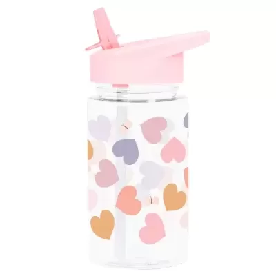 Garrafa de água transparente com corações coloridos e tampa rosa