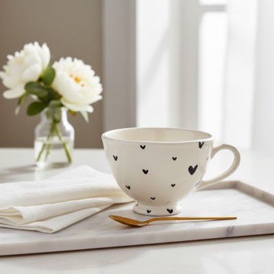 Caneca branca com corações pretos e colher dourada sobre mármore