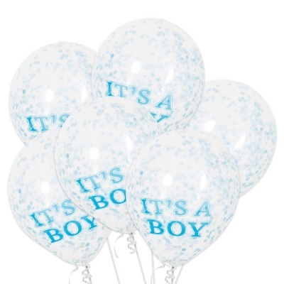 Balões transparentes decorados com confetes azuis e texto azul 'IT'S A BOY'