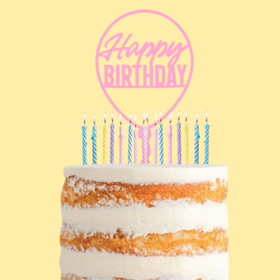 Bolo de aniversário com velas coloridas e texto Happy BIRTHDAY