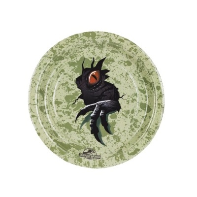 Prato redondo verde com olho e garra de dinossauro e logótipo Jurassic World