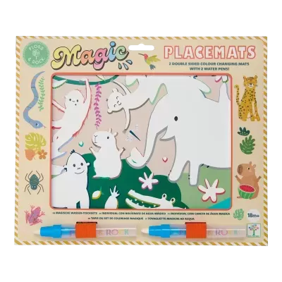 Conjunto de placemats mágicos dupla face com canetas de água e desenhos de animais