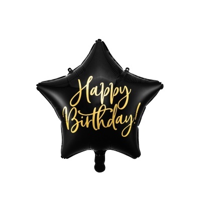 Balão estrela preto com texto dourado 'Happy Birthday!'
