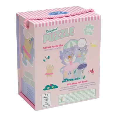 Caixa de puzzle infantil com alça, tons rosa e lilás, ilustração colorida e detalhes brilhantes