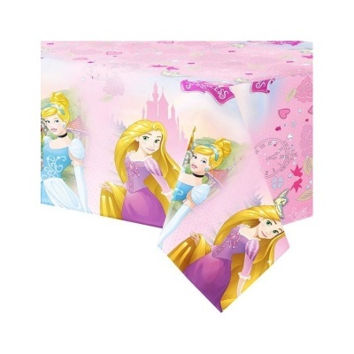 Toalha de mesa rosa com personagens de desenhos animados e castelo