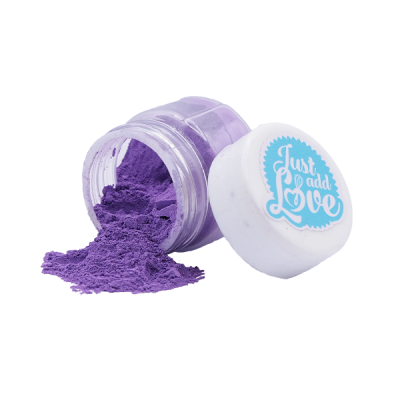 Frasco transparente com pó roxo e tampa branca 'Just add Love'